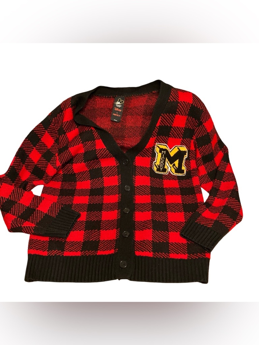 Disney x Forever 21 Mickey Mouse Black Red Buffalo Plaid Cardigan Sweater Large